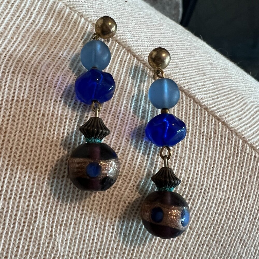 Blue glass bead fish hook earrings
